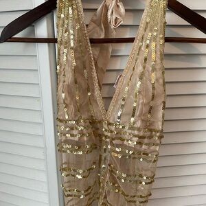 Beaded Gold Sequin V-Neck Halter Dress